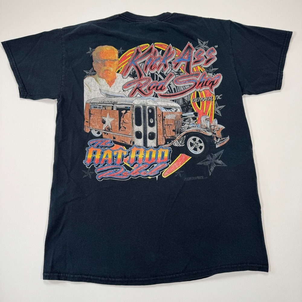 Kick Ass Rod Shop T Shirt Mens M Black Hot Rod Rat‎ Rod Rebel Denver NC Tee